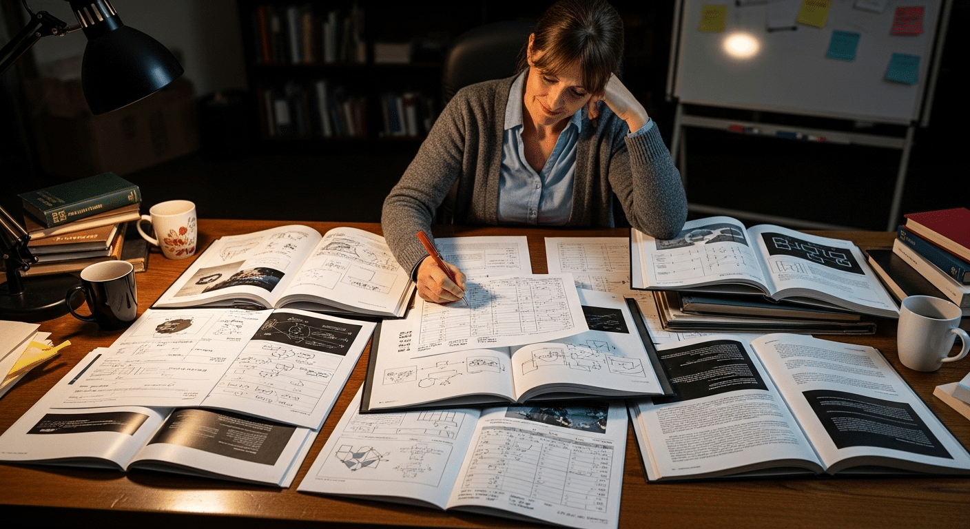 University professor reviewing multiple student project portfolios with detailed rubrics, showing time-intensive grading.