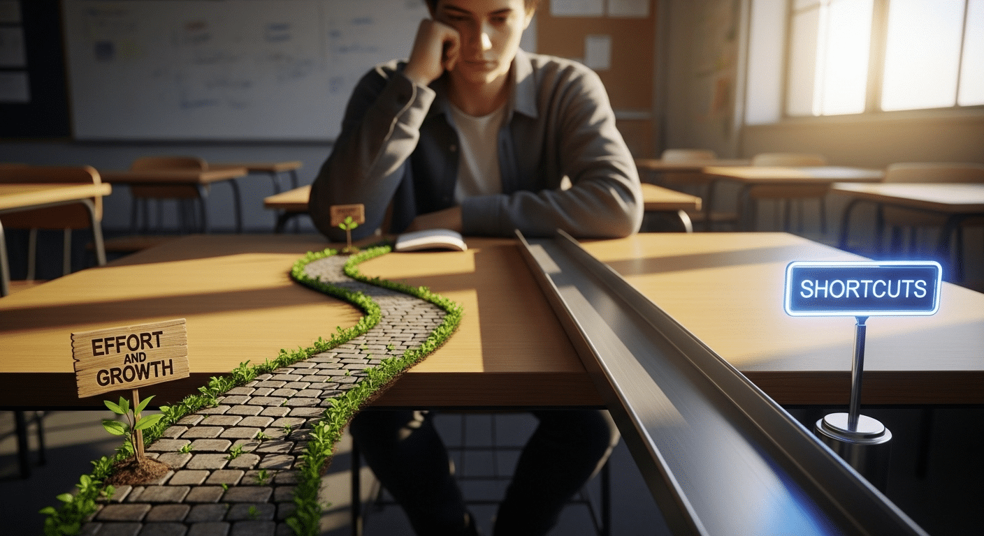 Student sitting at a desk with two contrasting paths in front of them—one labeled ‘Effort and Growth’ and the other ‘Shortcuts’—inside a classroom setting.