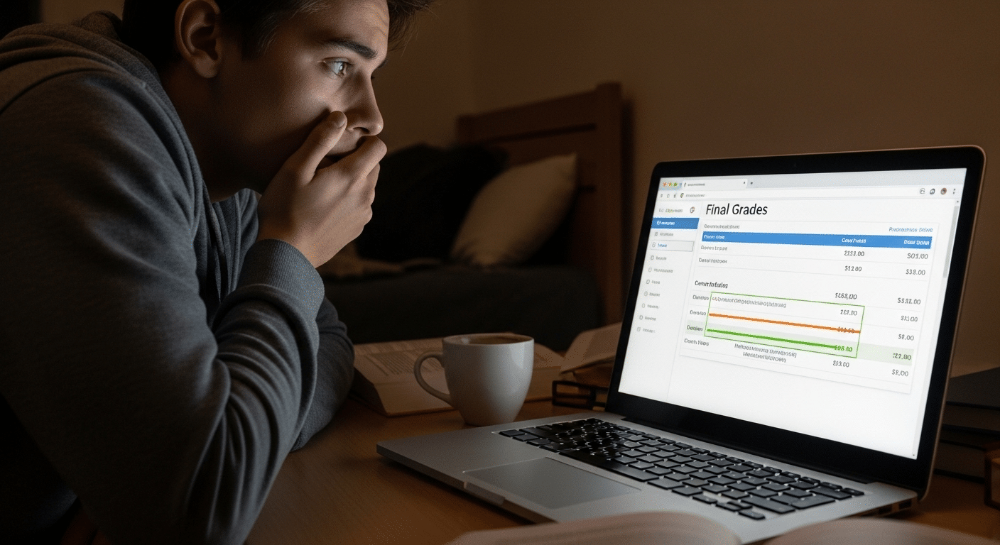 Student reviewing final grades online with concern over minimum passing requirements.