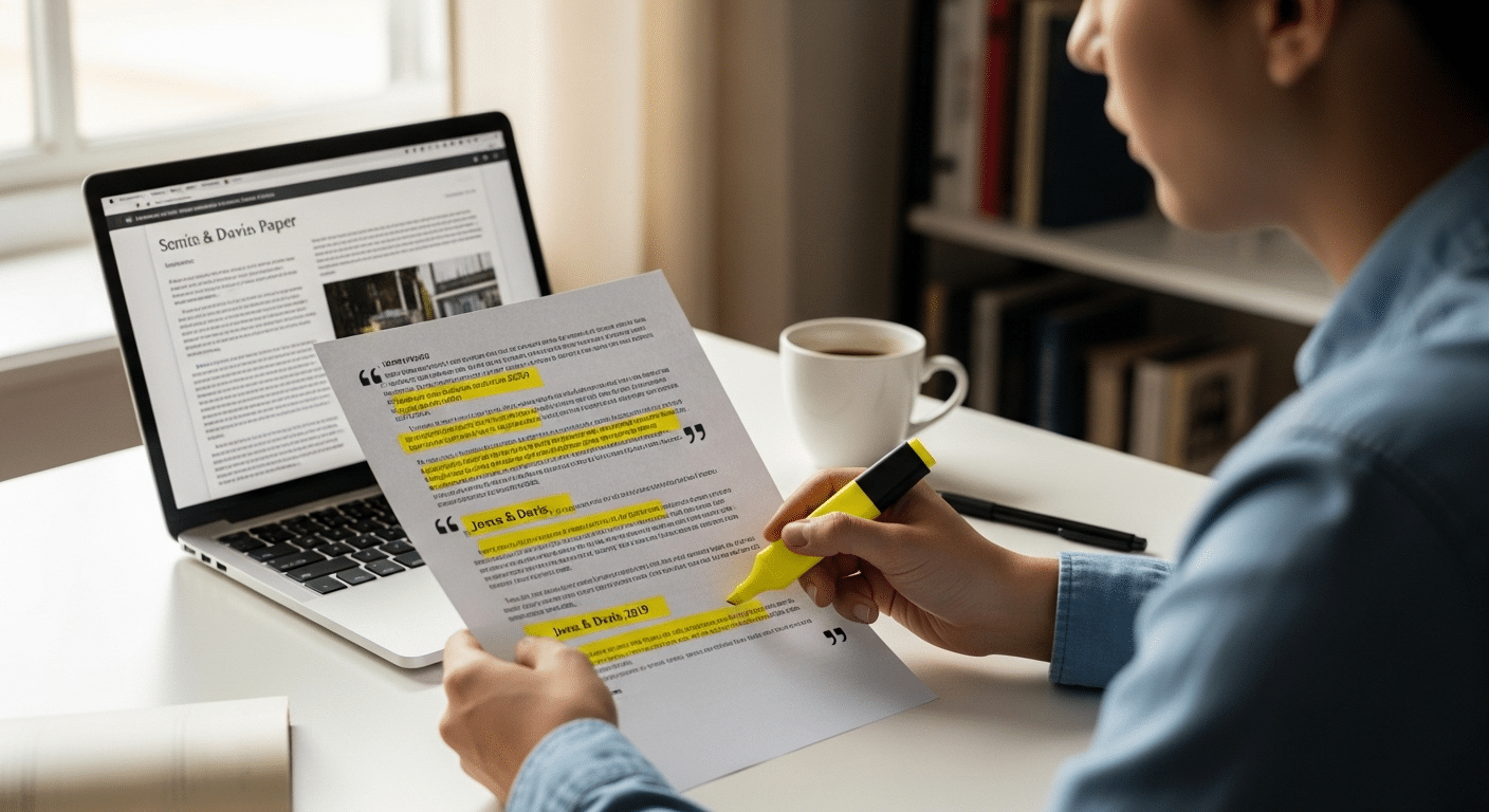 Student reviewing a research paper with highlighted citations and clear quotation marks, emphasizing accurate attribution.