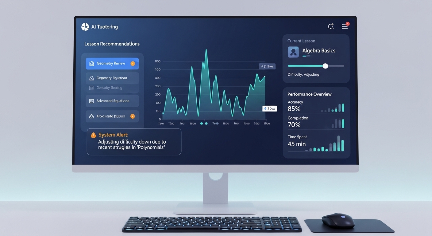 AI tutoring dashboard dynamically adjusting lesson difficulty based on real-time student performance analytics.