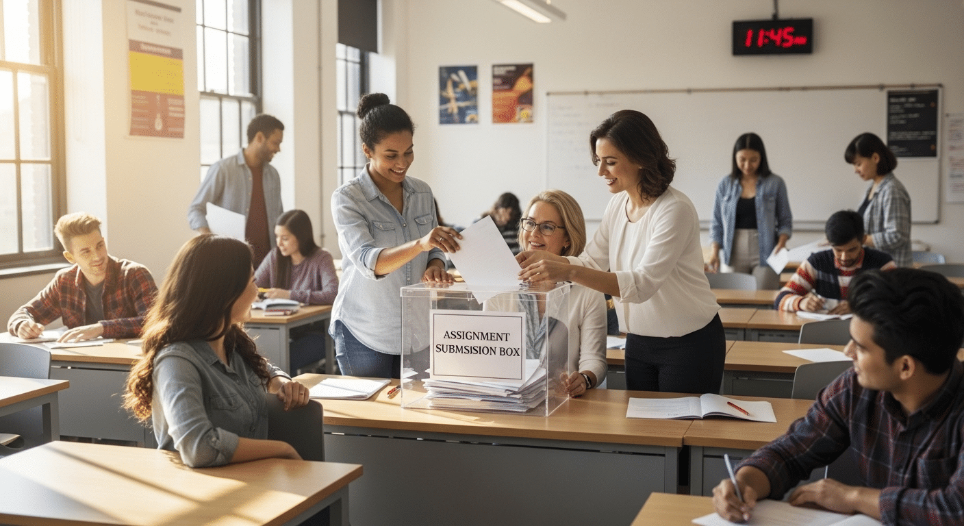 University classroom where students confidently submit assignments, symbolizing fairness and earned achievement