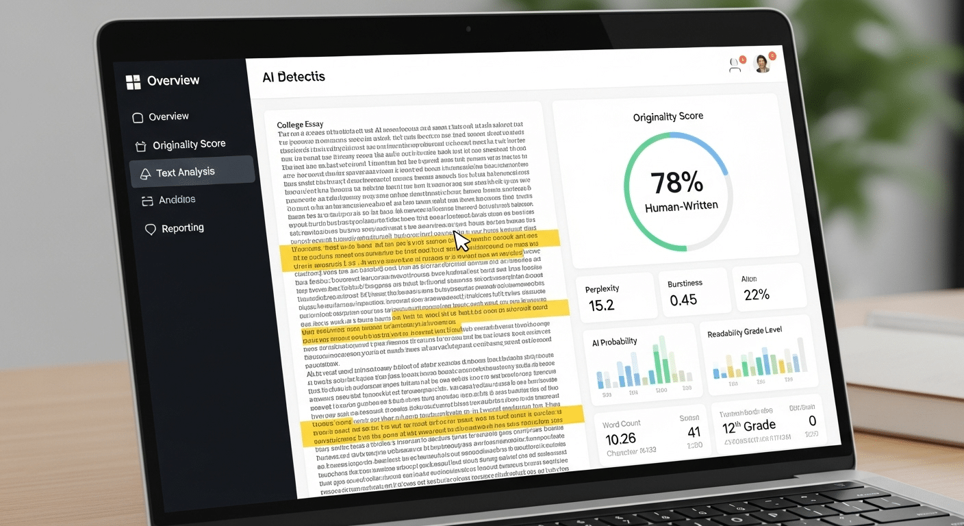 Laptop screen displaying an AI detection dashboard analyzing a college essay with highlighted text and statistical metrics like perplexity and burstiness.