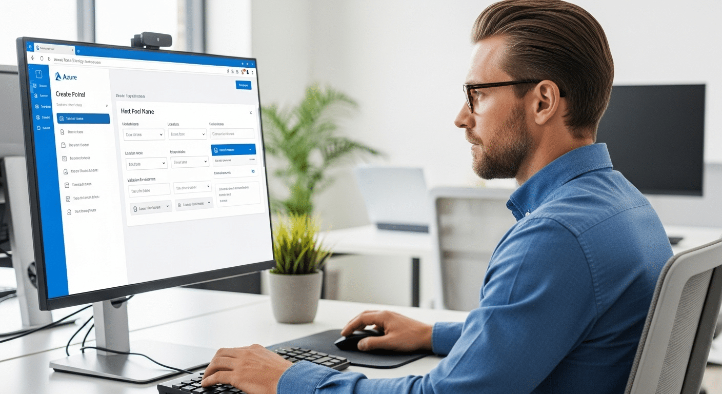 IT admin creating an Azure Virtual Desktop host pool using the Azure Portal dashboard.