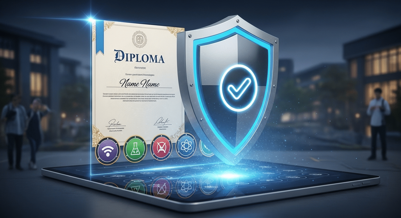 Digital diploma and verified skills badge protected by a secure shield icon, symbolizing credential integrity in higher education.