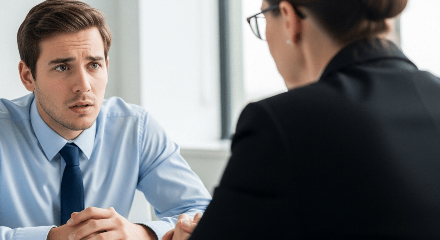 Job interview scene with hiring manager reviewing a candidate file marked prior academic misconduct.