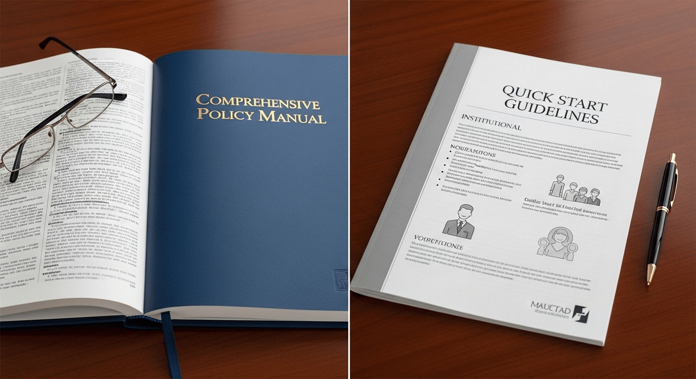 Side-by-side comparison of detailed policy handbook versus shorter institutional guideline booklet.