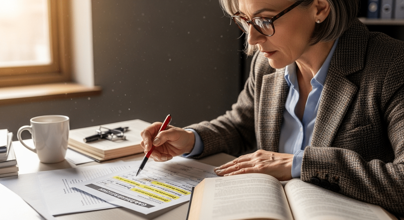 University professor reviewing a syllabus with grading breakdown percentages highlighted.