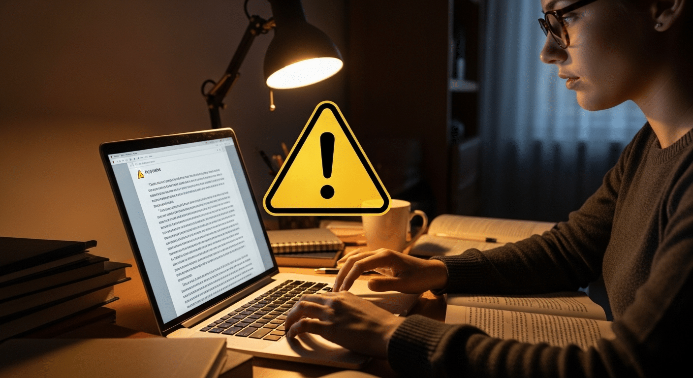 Student deliberately pasting large copied paragraph into document with warning icon overlay.