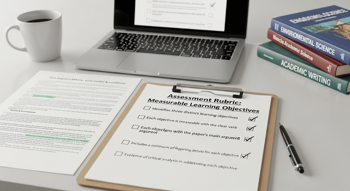 Checklist of measurable learning objectives being used to assess a student paper objectively.