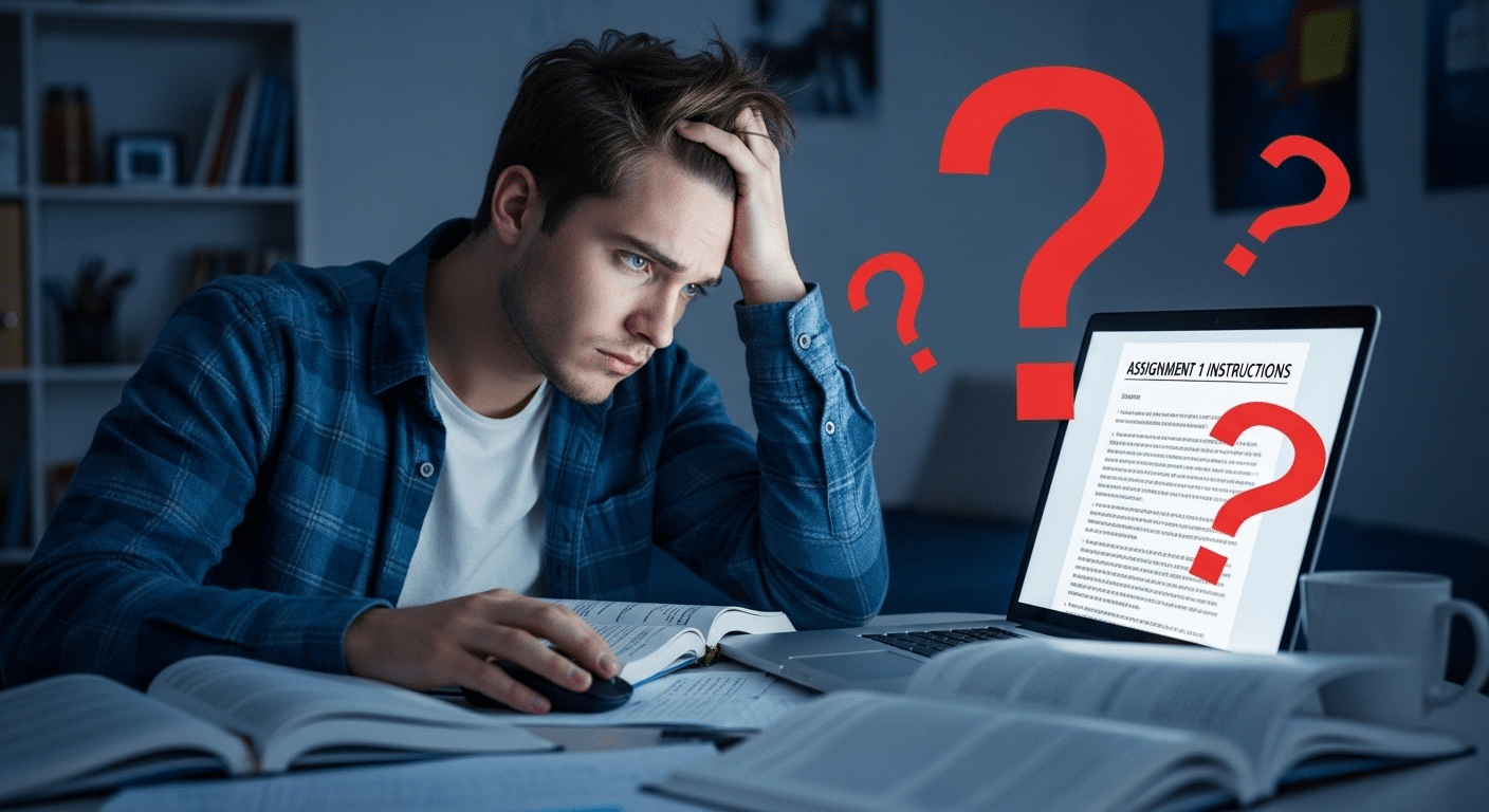 Confused student reviewing unclear assignment instructions on a screen filled with question marks.