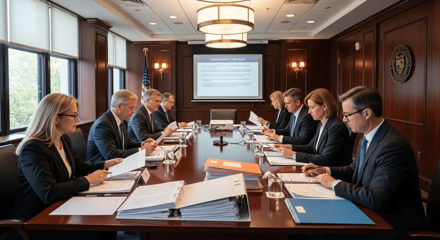 Accreditation review committee examining university compliance documents in a formal boardroom setting.