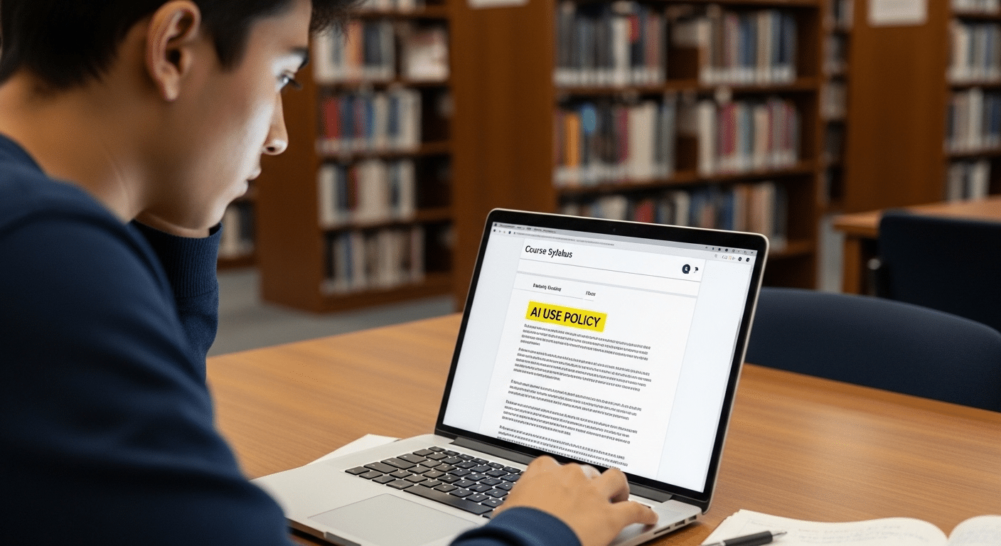 University student reading course syllabus on laptop with section titled AI Use Policy highlighted