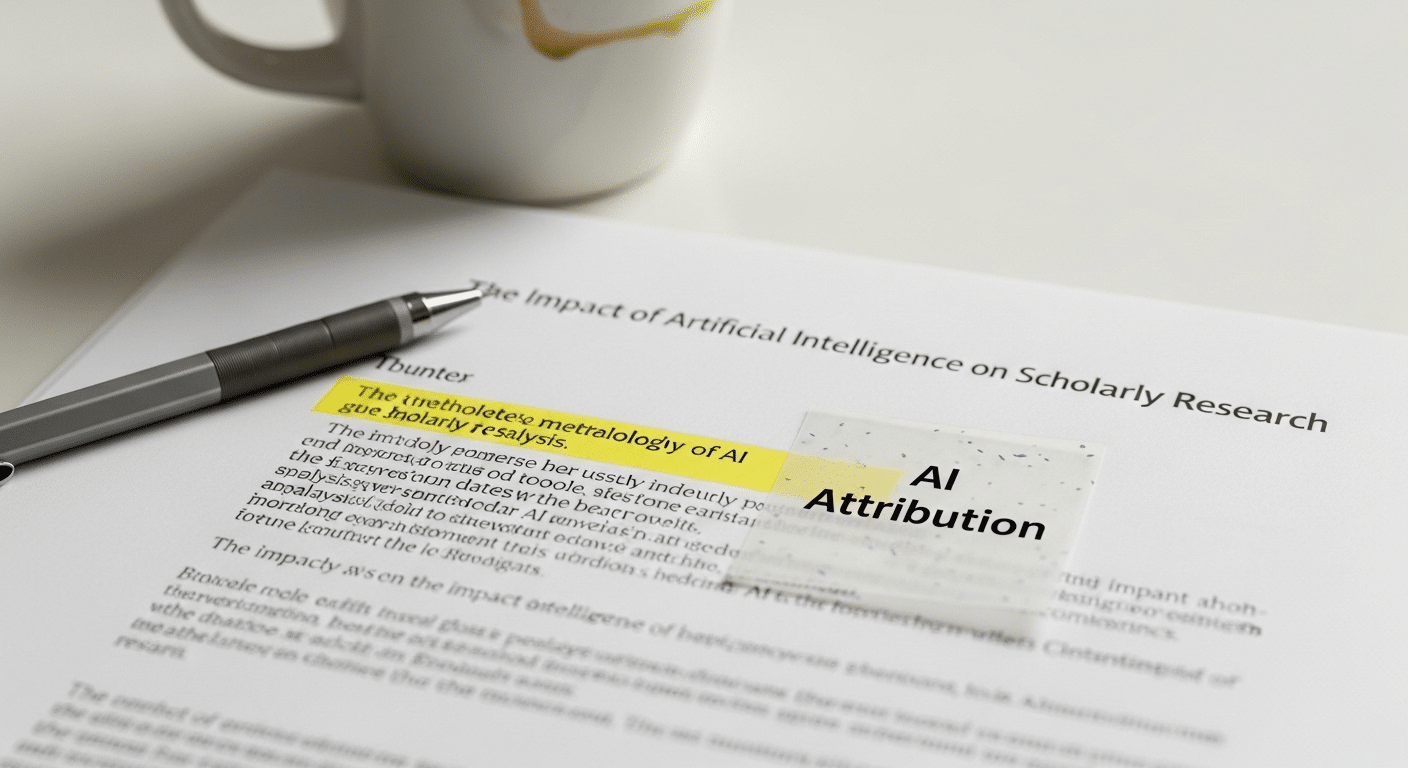 Close-up of academic paper draft with AI assistance highlighted and a transparency note labeled AI attribution.