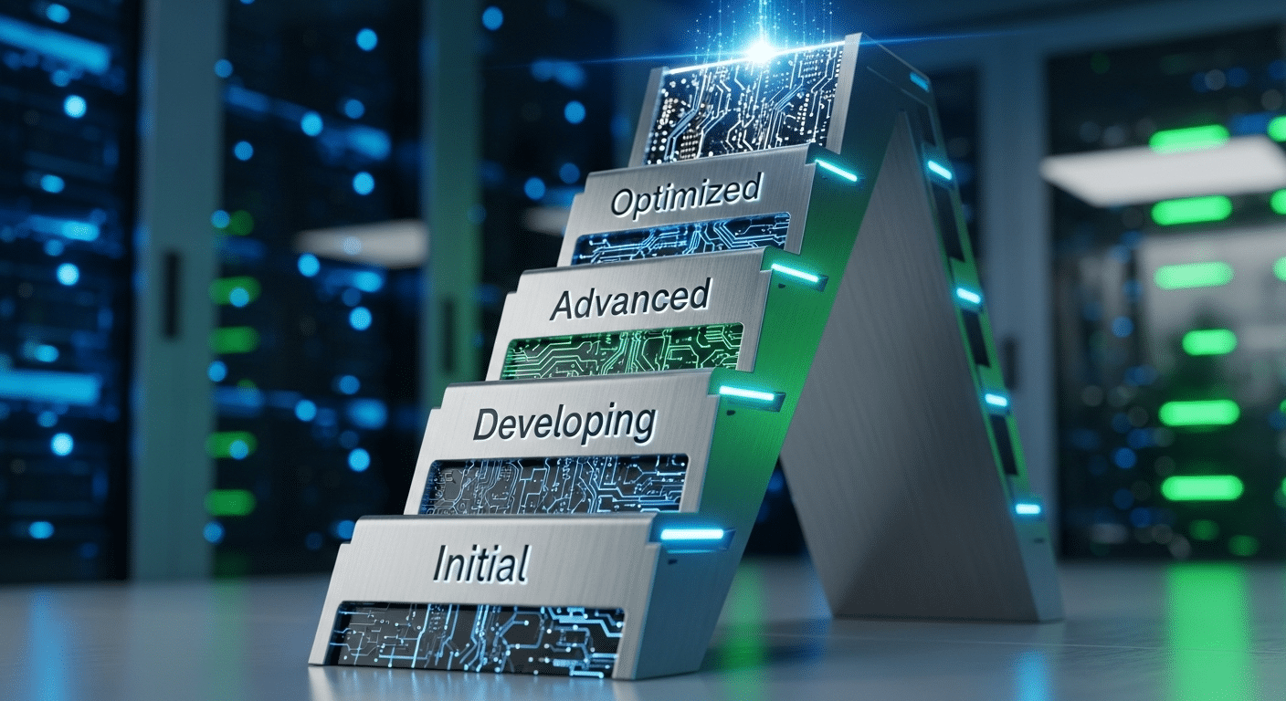 Four-stage cybersecurity maturity ladder labeled Initial, Developing, Advanced, and Optimized.