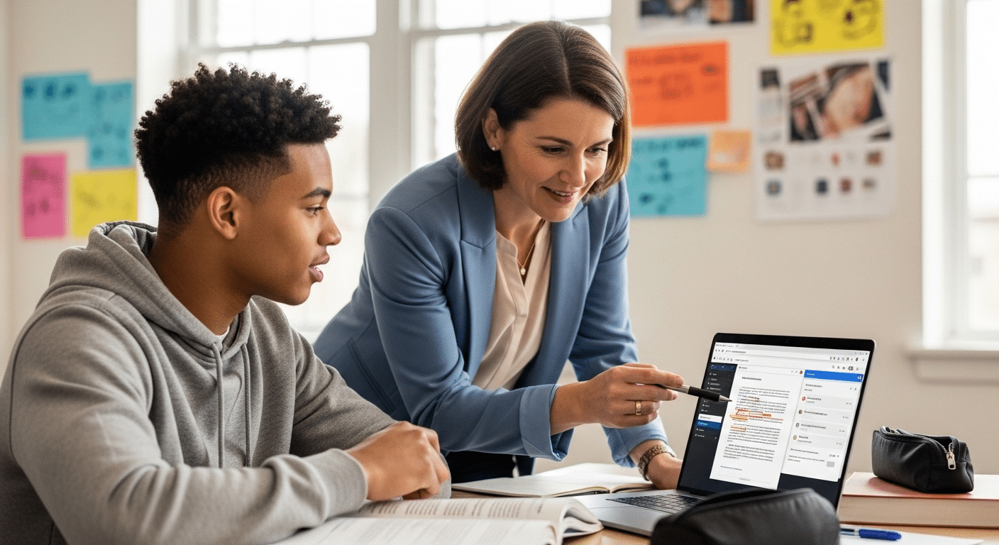 Professor and student reviewing AI-assisted assignment together in supportive classroom environment.