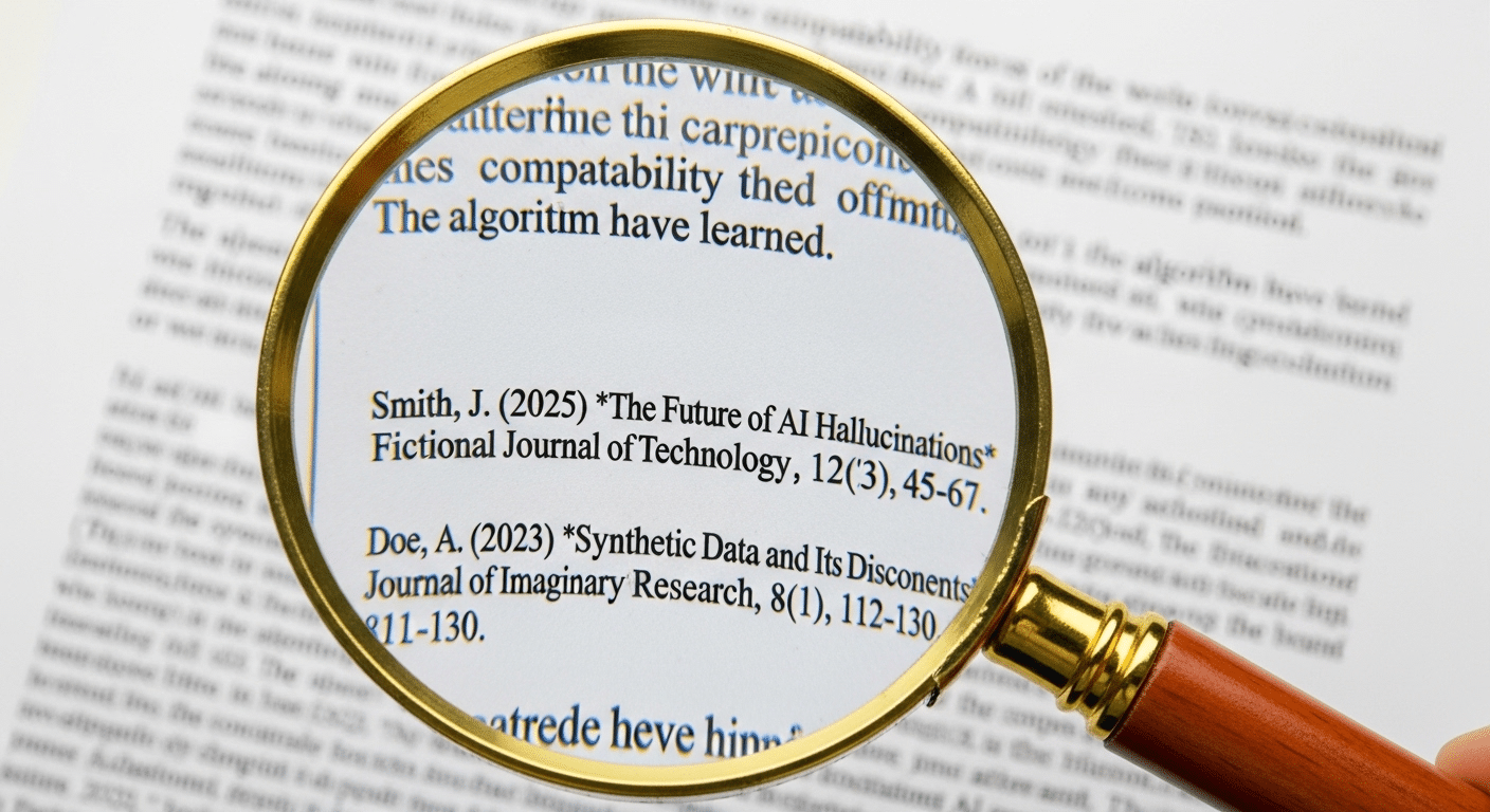 Magnifying glass over AI-generated text revealing small errors and fabricated citations.