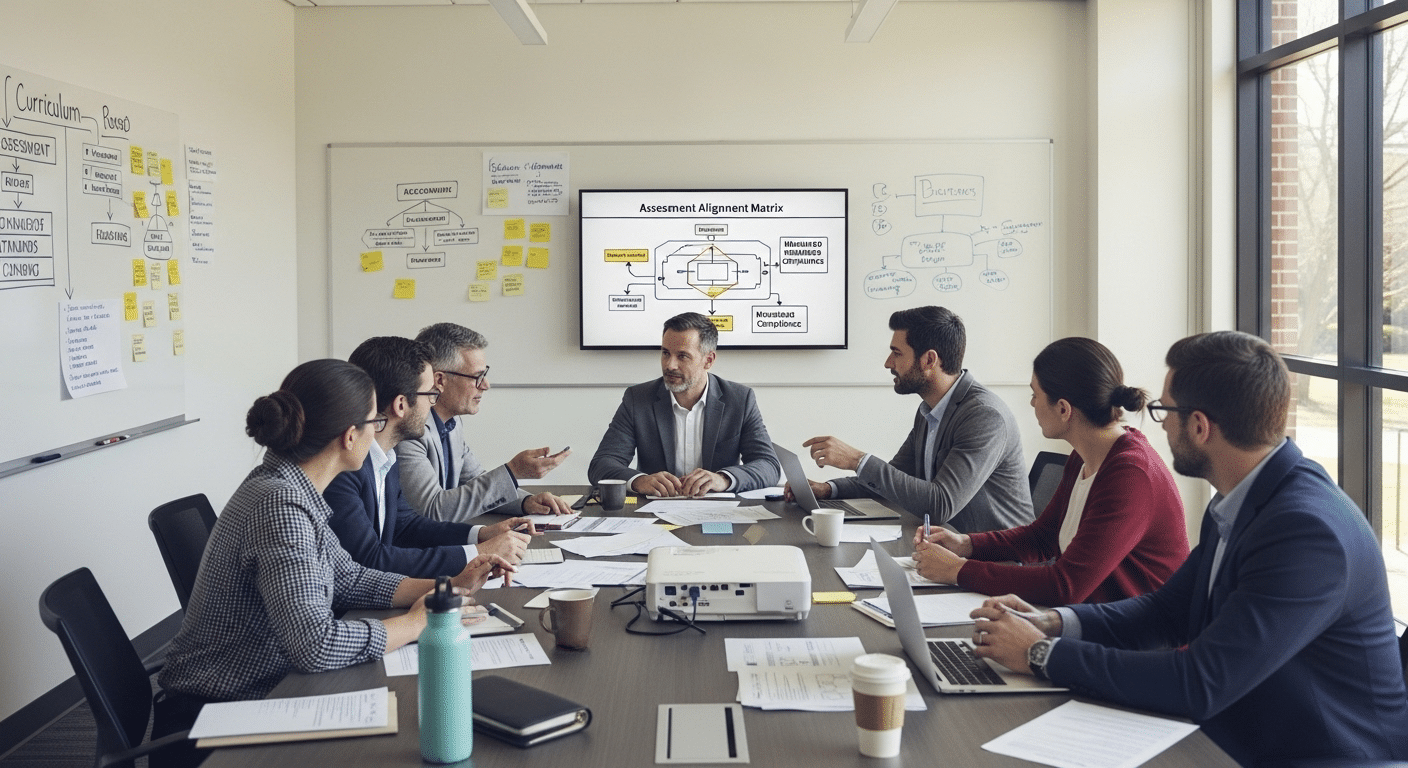 School leadership team discussing assessment alignment with mandated standards in a meeting room.