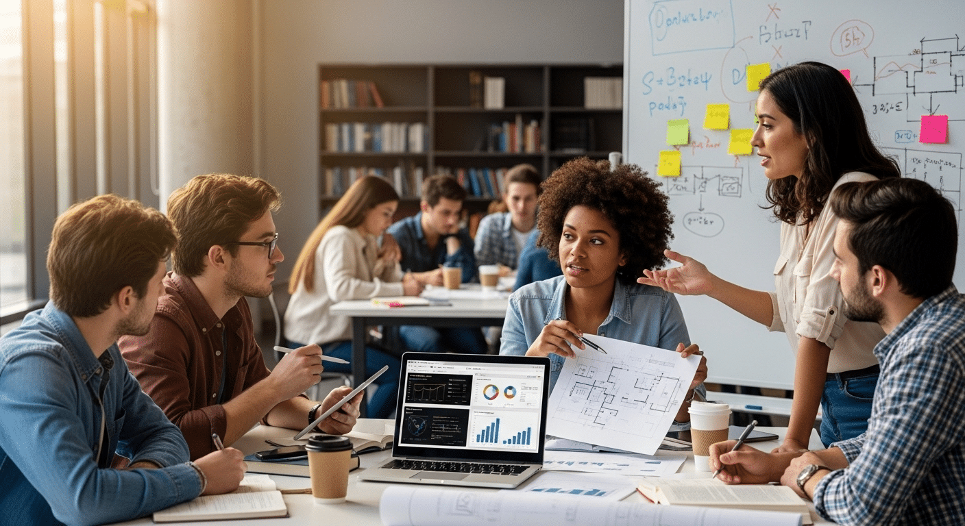 University students collaborating on a real-world problem-solving project, actively discussing and presenting ideas.