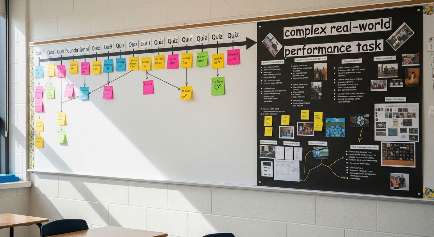 Classroom timeline showing foundational quizzes followed by a complex real-world performance task.