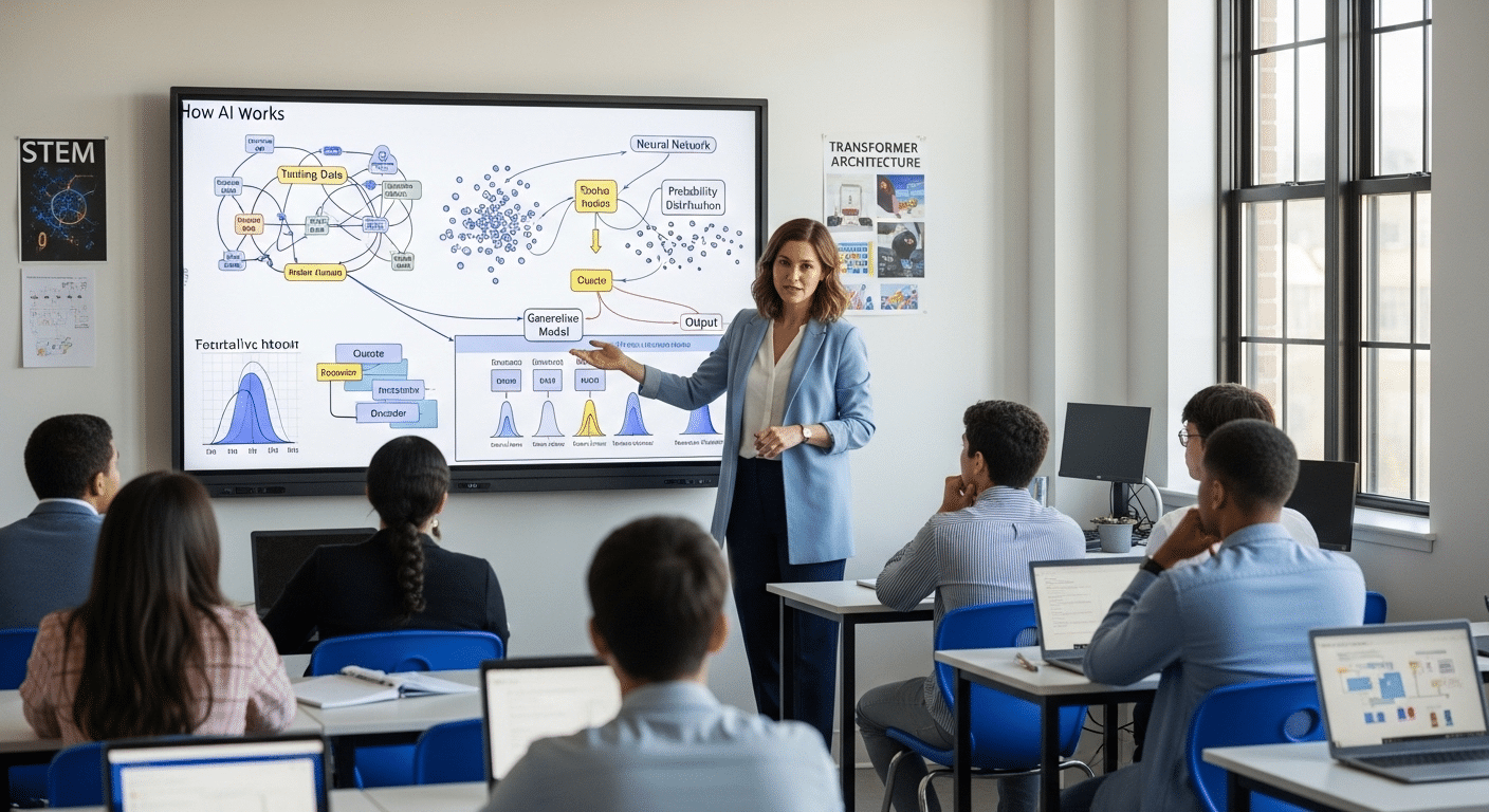 Classroom scene with a teacher explaining how AI works on a digital board showing data patterns and probability models behind generative AI.