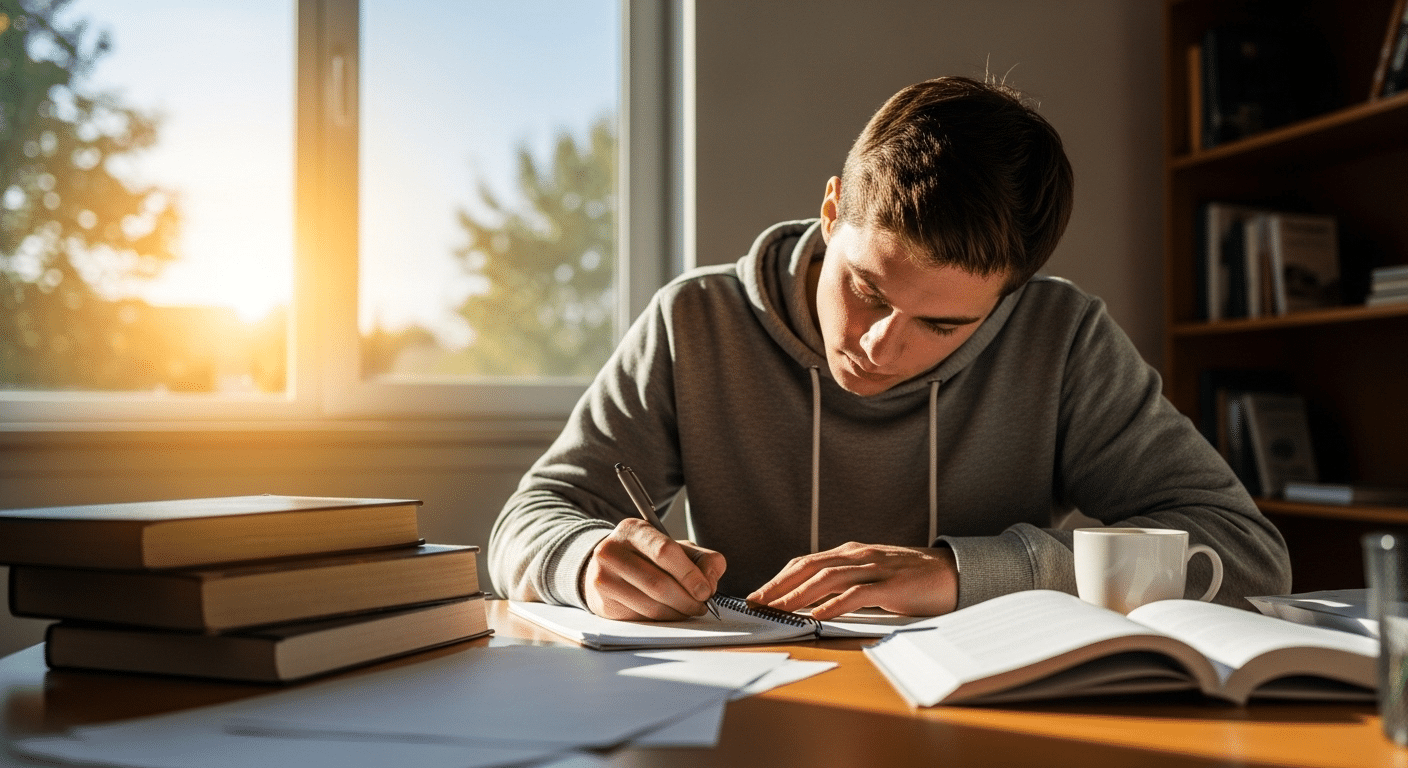 Student sitting at a desk rewriting an assignment with focused determination, sunlight coming through the window symbolizing a fresh start.