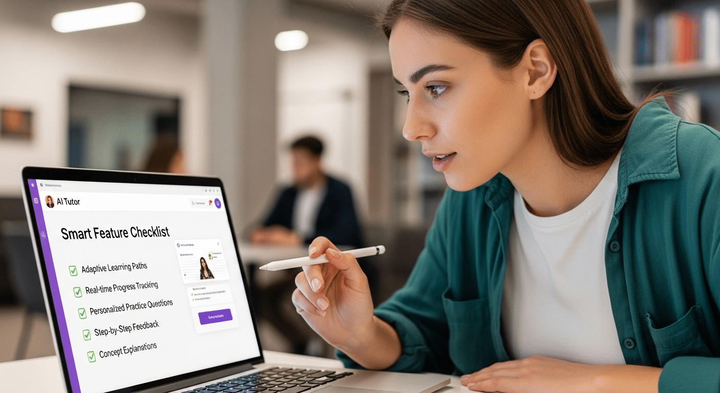 Student reviewing AI tutor platform with smart feature checklist including adaptive learning and step-by-step feedback.