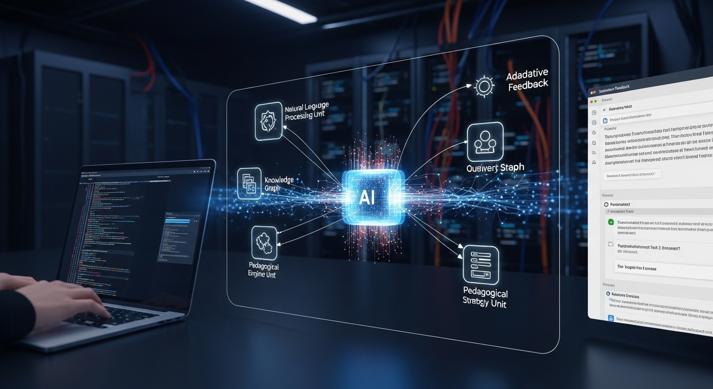 Behind-the-scenes visualization of AI tutoring system processing student input and generating adaptive feedback.