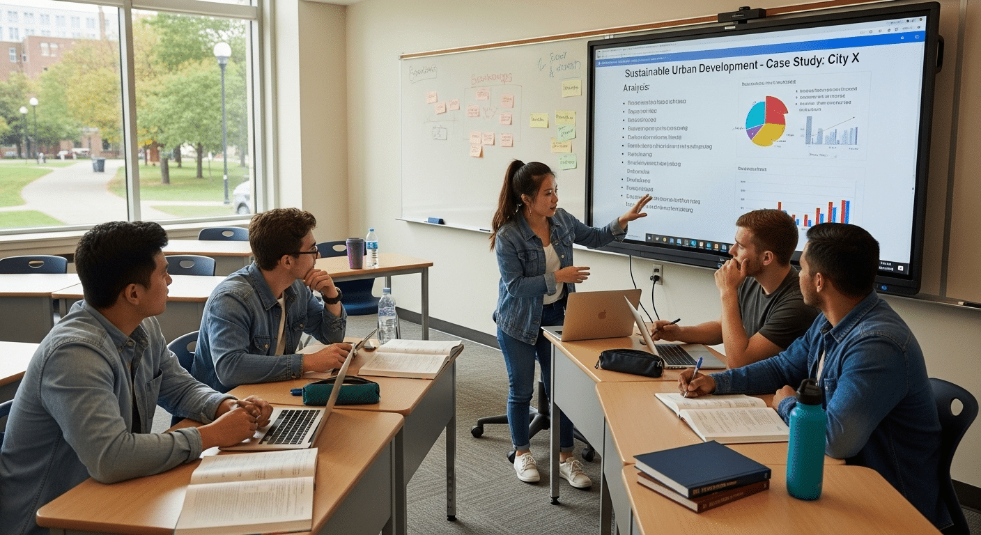 Higher education classroom where students collaborate on a real-world case study presentation to reflect authentic assessment.
