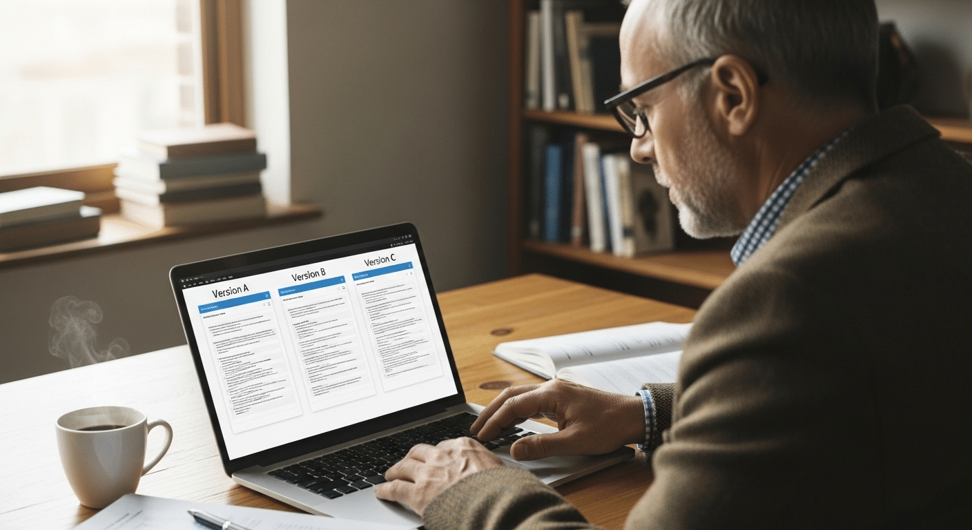 Professor reviewing multiple versions of an online exam on a laptop, each labeled Version A, B, and C.