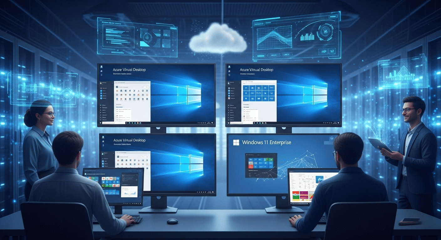 Azure Virtual Desktop running Windows 10 and Windows 11 Enterprise multi-session for multiple users in a cloud environment.