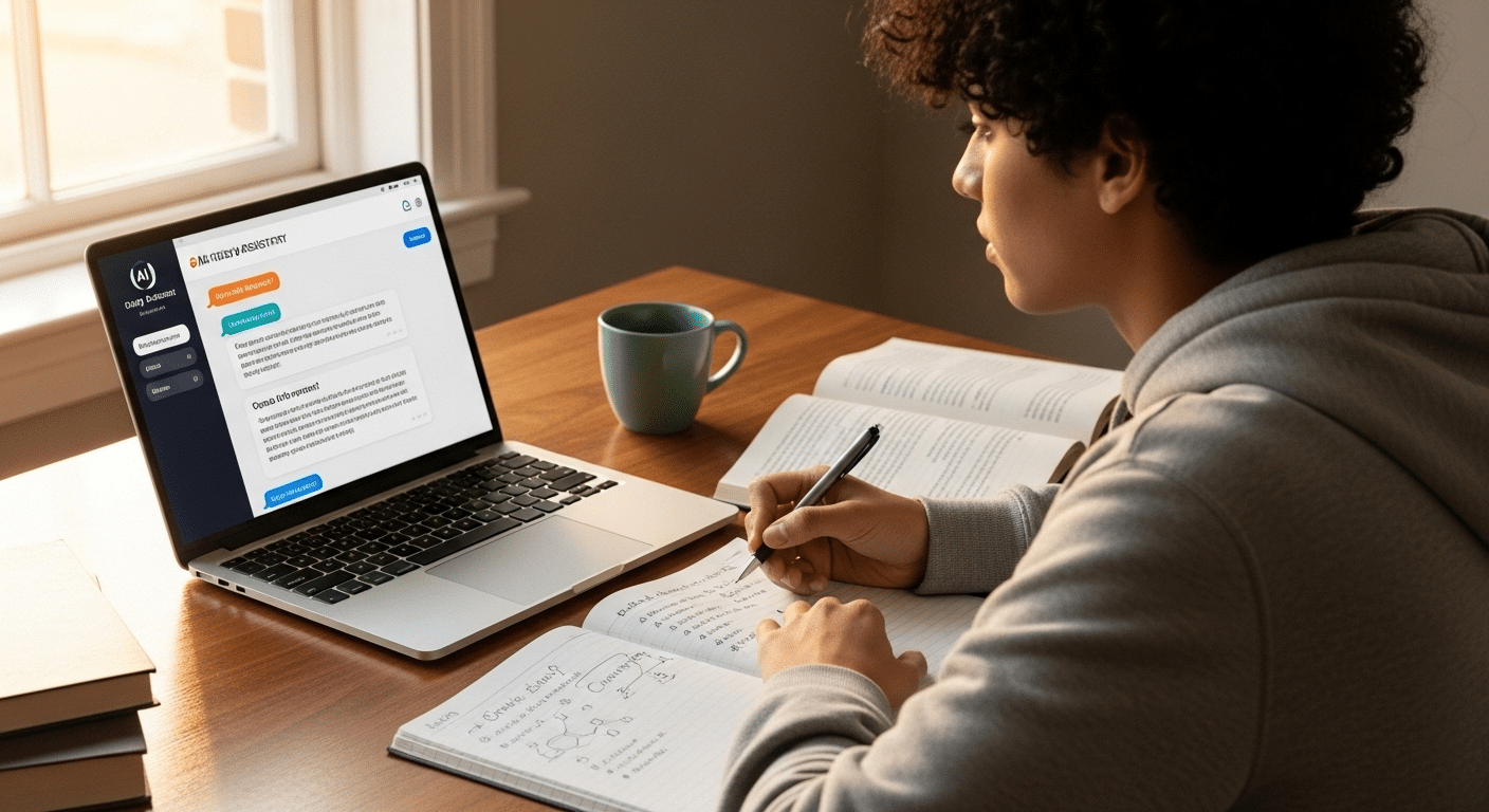 Student thoughtfully using an AI study assistant while taking handwritten notes in a notebook.