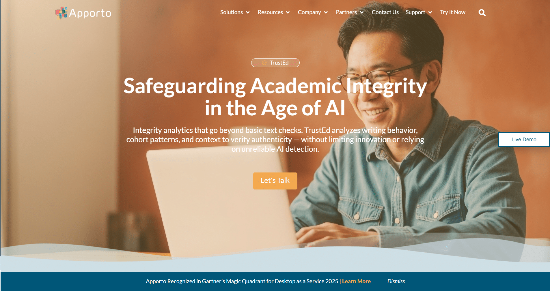  Apporto's TrustEd page featuring a professional working on a laptop with the headline “Safeguarding Academic Integrity in the Age of AI'.