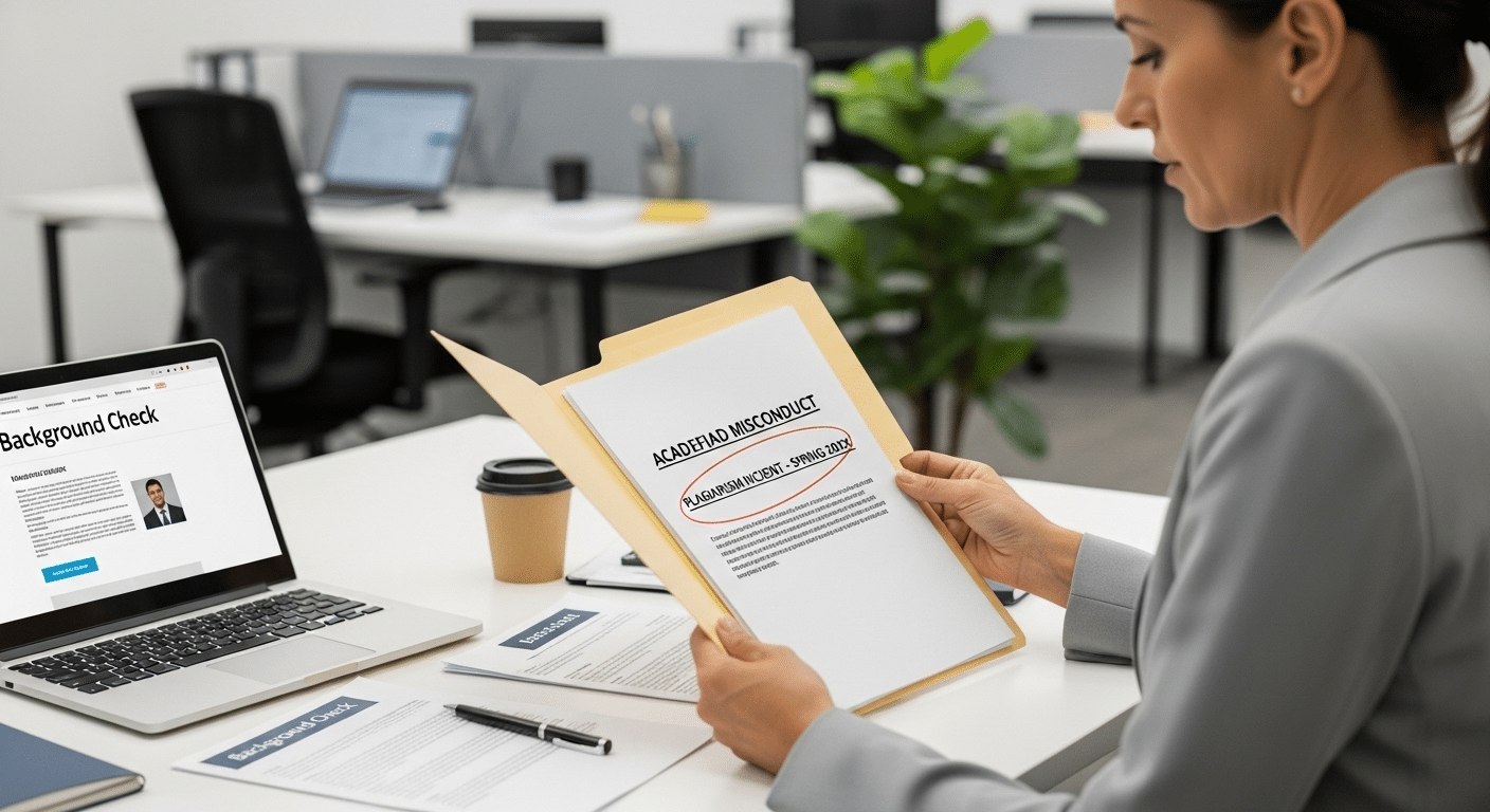 "Corporate hiring manager reviewing a candidate file with a visible academic disciplinary notation during a background check.