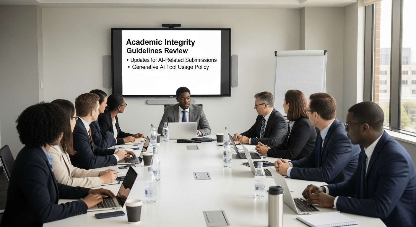 University policy committee meeting reviewing academic integrity guidelines with AI-related updates on screen.