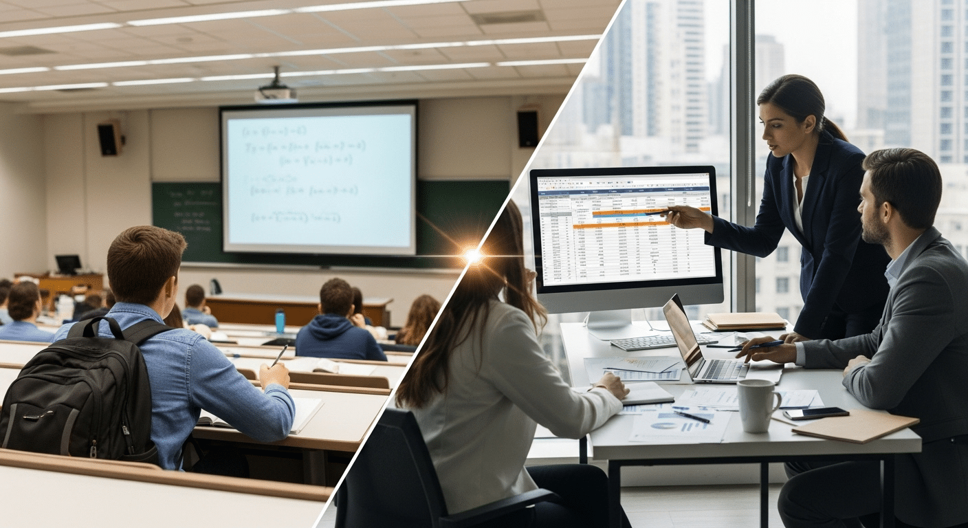 College student transitioning from classroom lecture to internship office environment in a split-scene visual showing theory meeting practice.