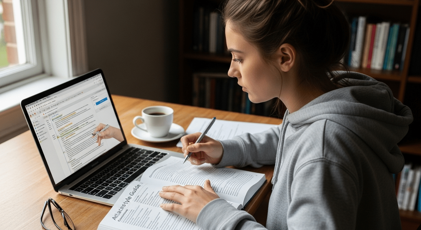 Student carefully adding citations to a research paper with style guide open beside a laptop