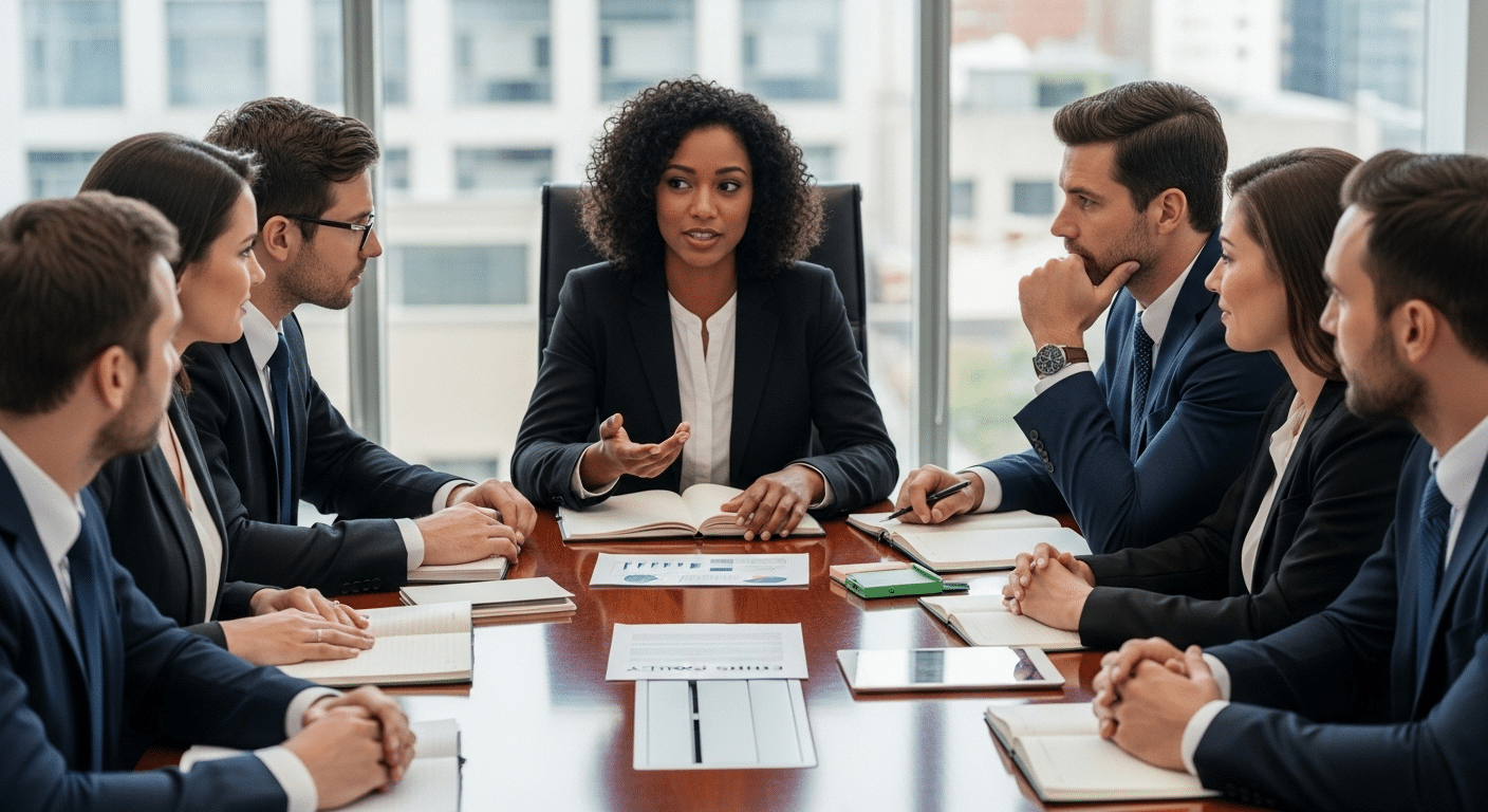 Professional team collaborating around a table, highlighting ethical decision-making and trust in the workplace.