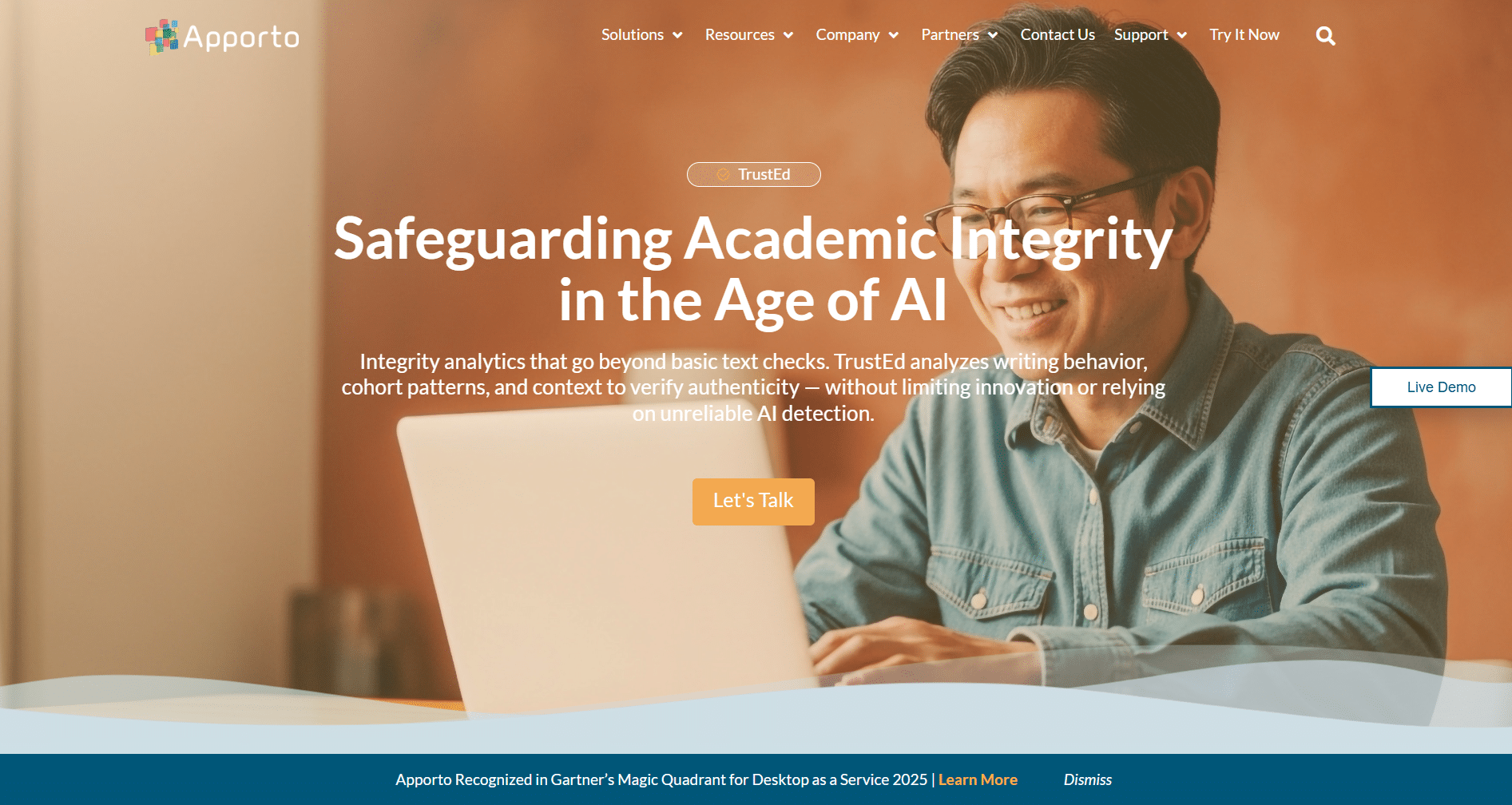 TrustEd page banner showing a professional using a laptop under the headline “Safeguarding Academic Integrity in the Age of AI” promoting TrustEd integrity analytics.