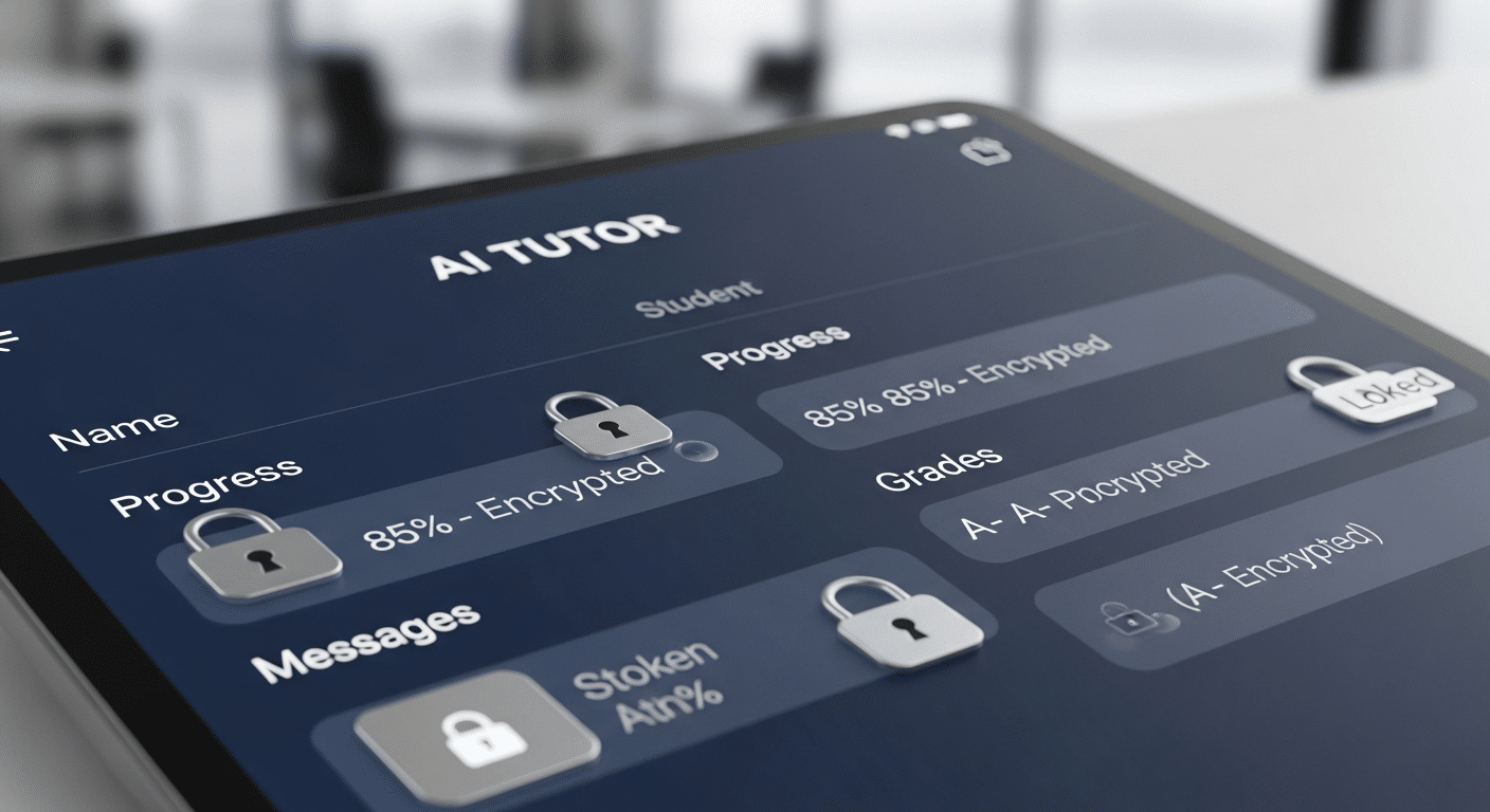 Secure AI tutor interface with encrypted student data represented by lock icons and protected records.