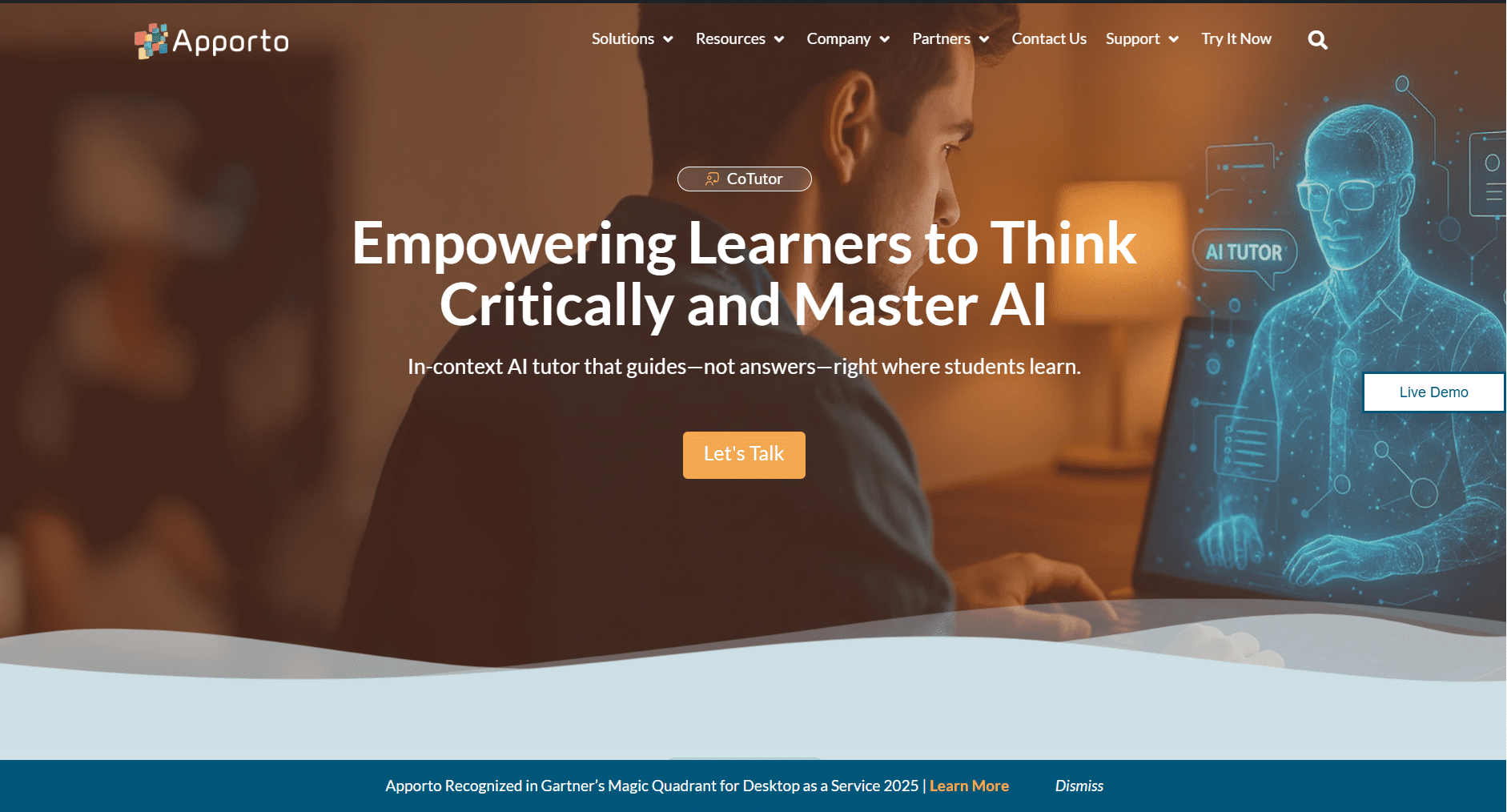 CoTutor page in which Student using a laptop with a holographic AI tutor interface, illustrating AI-guided learning and critical thinking support in education.
