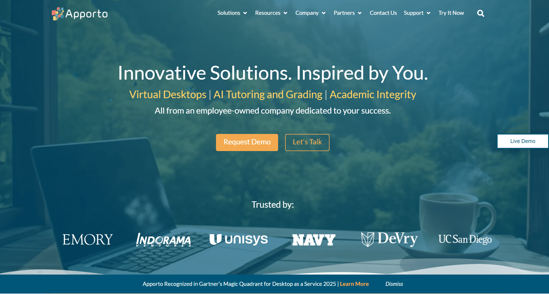 Apporto homepage showcasing virtual desktops, AI tutoring, and academic integrity solutions on a modern technology platform.
