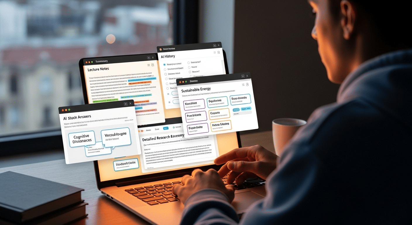 Student using multiple AI study tools on a laptop with windows showing note summaries, quizzes, research answers, and flashcards.