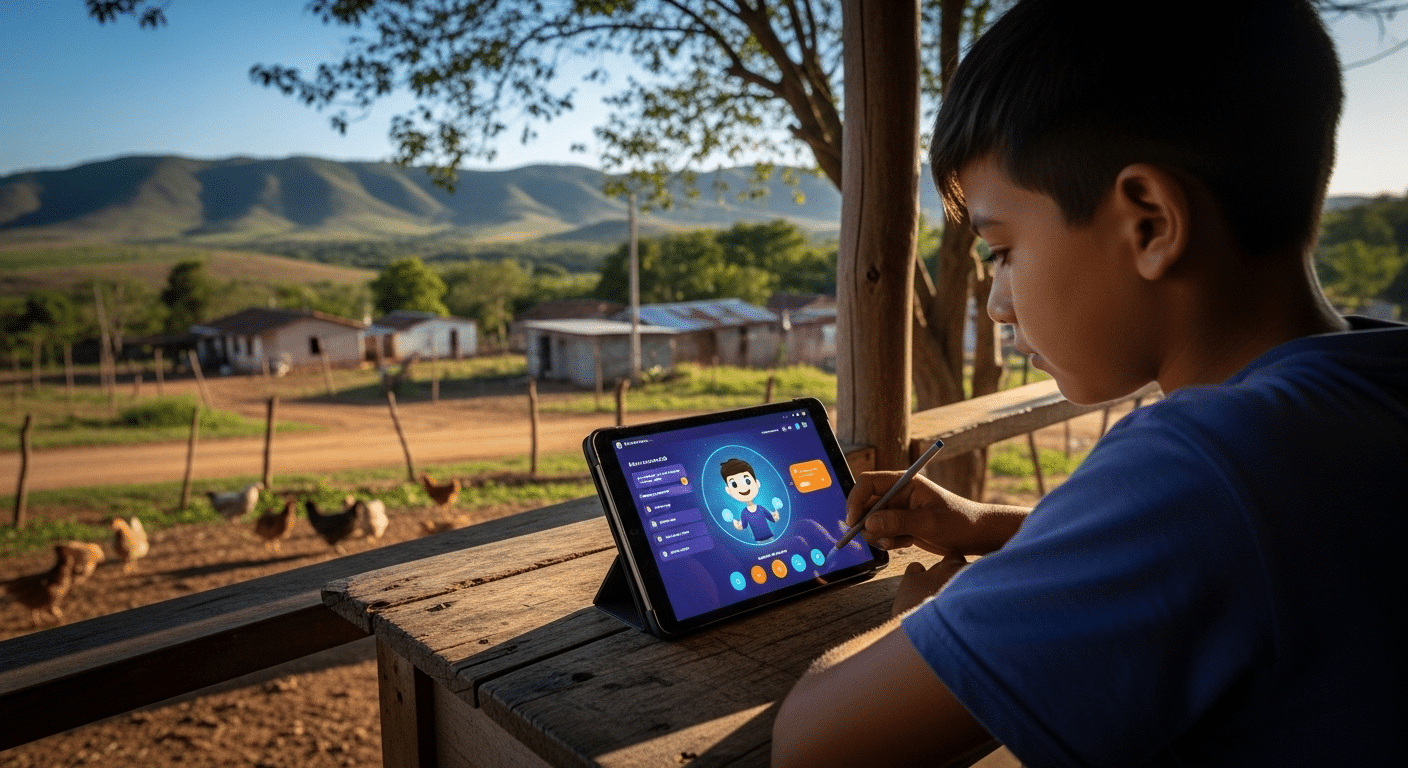 Student in a rural setting using AI-powered tutoring platform on a tablet, symbolizing equal access to quality education.