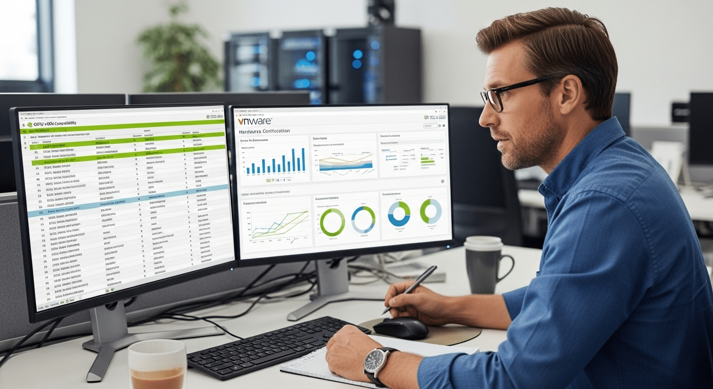 IT administrator reviewing NVIDIA vGPU compatibility lists and VMware hardware certification dashboards for Horizon deployment.