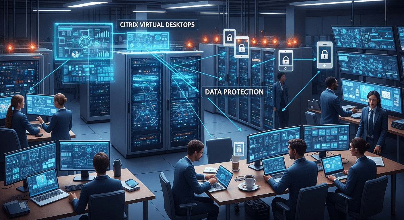 Enterprise IT environment where centralized Citrix virtual desktops protect sensitive corporate data from remote devices.