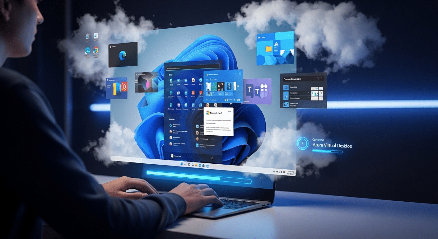 User logging into Azure Virtual Desktop with a full Windows 11 workspace appearing from the cloud.