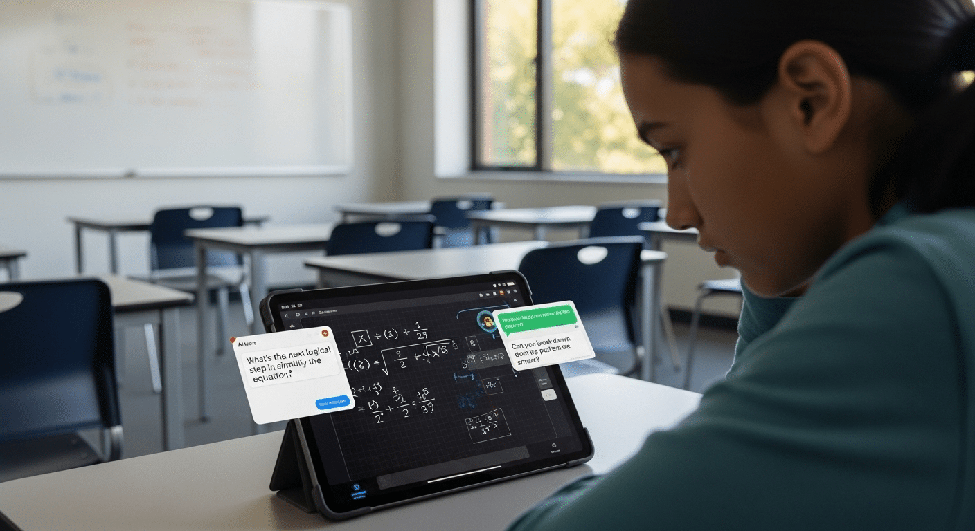 Student solving a math problem on a tablet while an AI tutor asks guiding questions instead of giving answers, classroom setting.