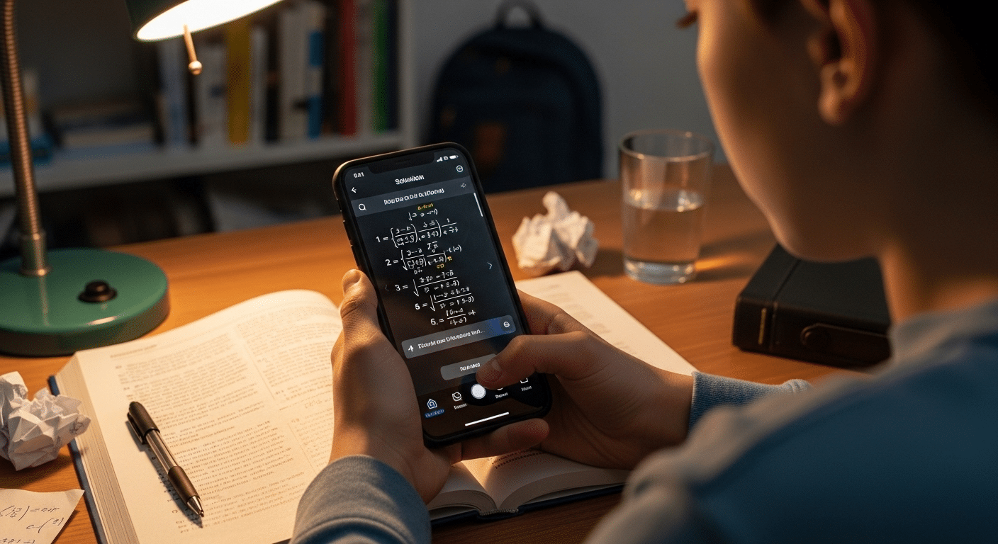 Student using a smartphone to scan a math problem with an AI homework app generating instant step-by-step solutions.