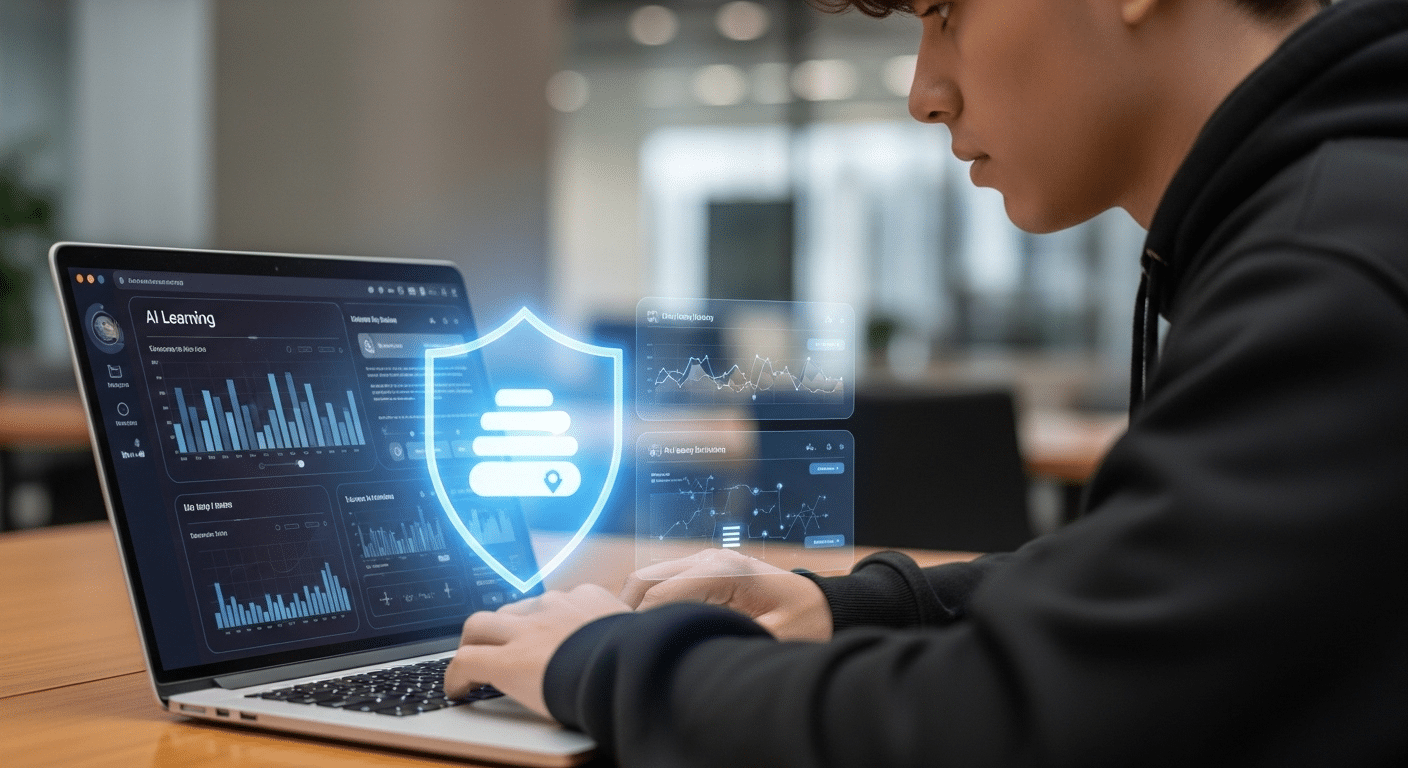 Student using an AI learning platform while a transparent data privacy shield icon overlays the screen, representing data protection concerns.